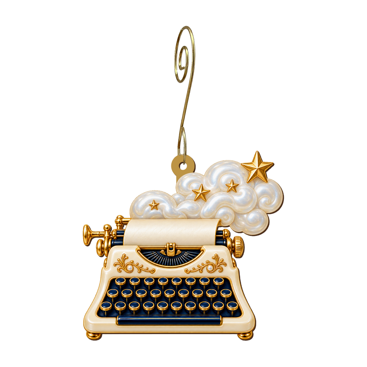 Cloud Typewriter Ornament O542, full-color laser-cut maple wood by Green Tree Jewelry