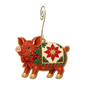 Poinsettia Patchwork Pig Ornament O553, full-color laser-cut maple wood by Green Tree Jewelry