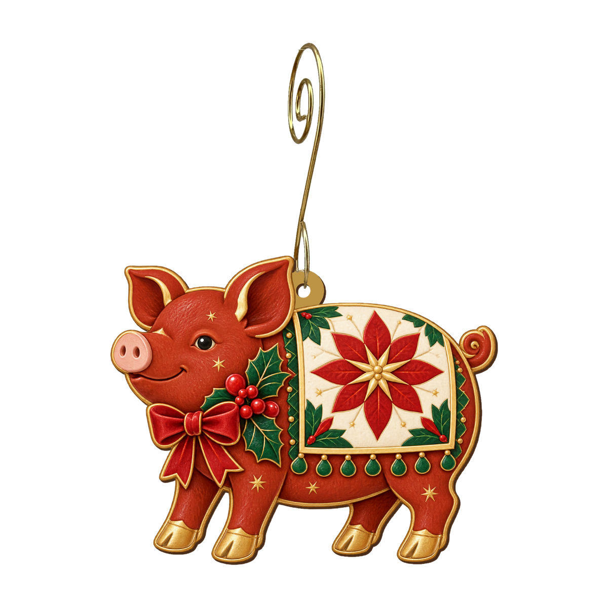 Poinsettia Patchwork Pig Ornament O553, full-color laser-cut maple wood by Green Tree Jewelry