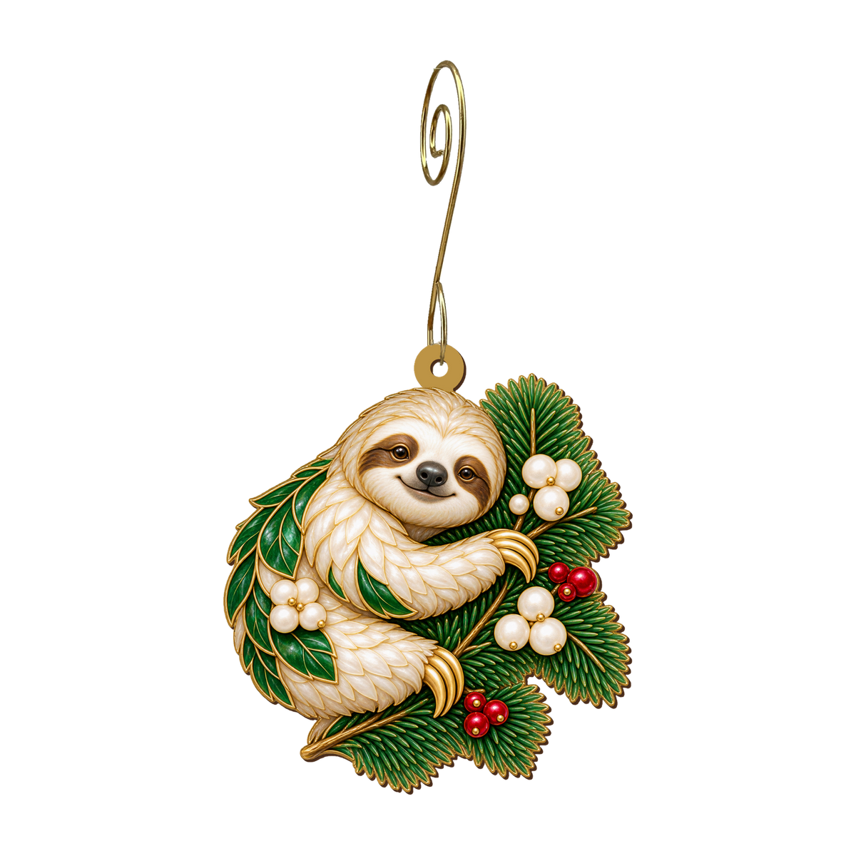 Snowberry Sloth Ornament O557, full-color laser-cut maple wood by Green Tree Jewelry