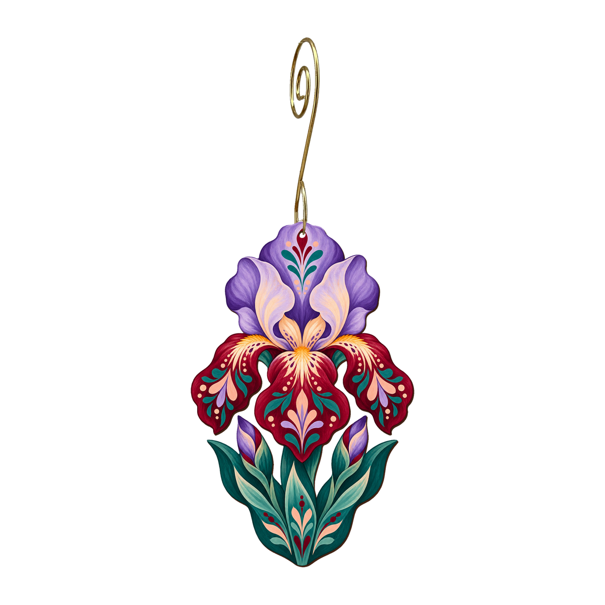 Iris Fan wooden ornament O558 with gold spiral hook by Green Tree Jewelry