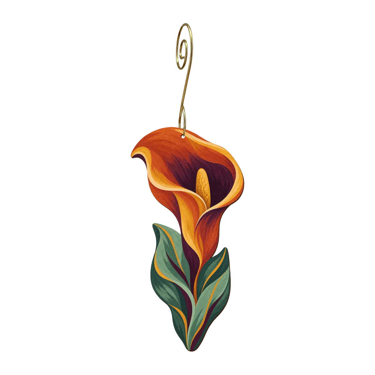 Calla Lily wooden ornament O560 with gold spiral hook by Green Tree Jewelry