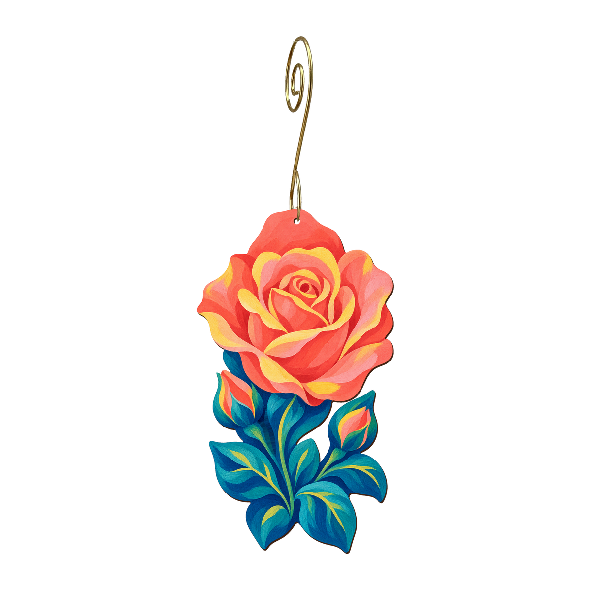 Garden Rose wooden ornament O561 with gold spiral hook by Green Tree Jewelry