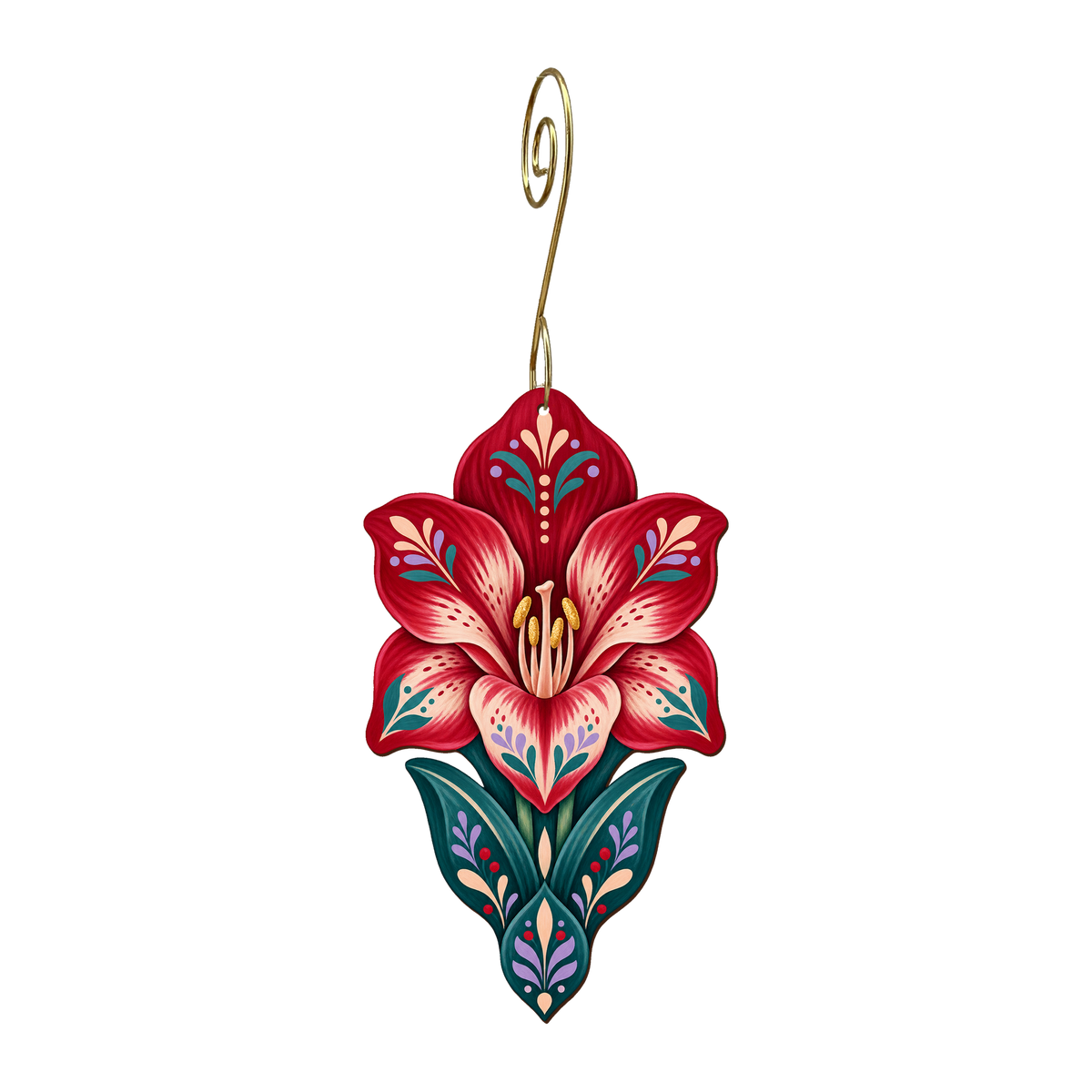 Amaryllis Bell wooden ornament O562 with gold spiral hook by Green Tree Jewelry
