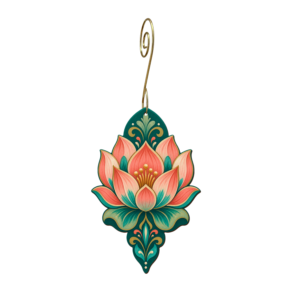 Lotus Petals wooden ornament O563 with gold spiral hook by Green Tree Jewelry