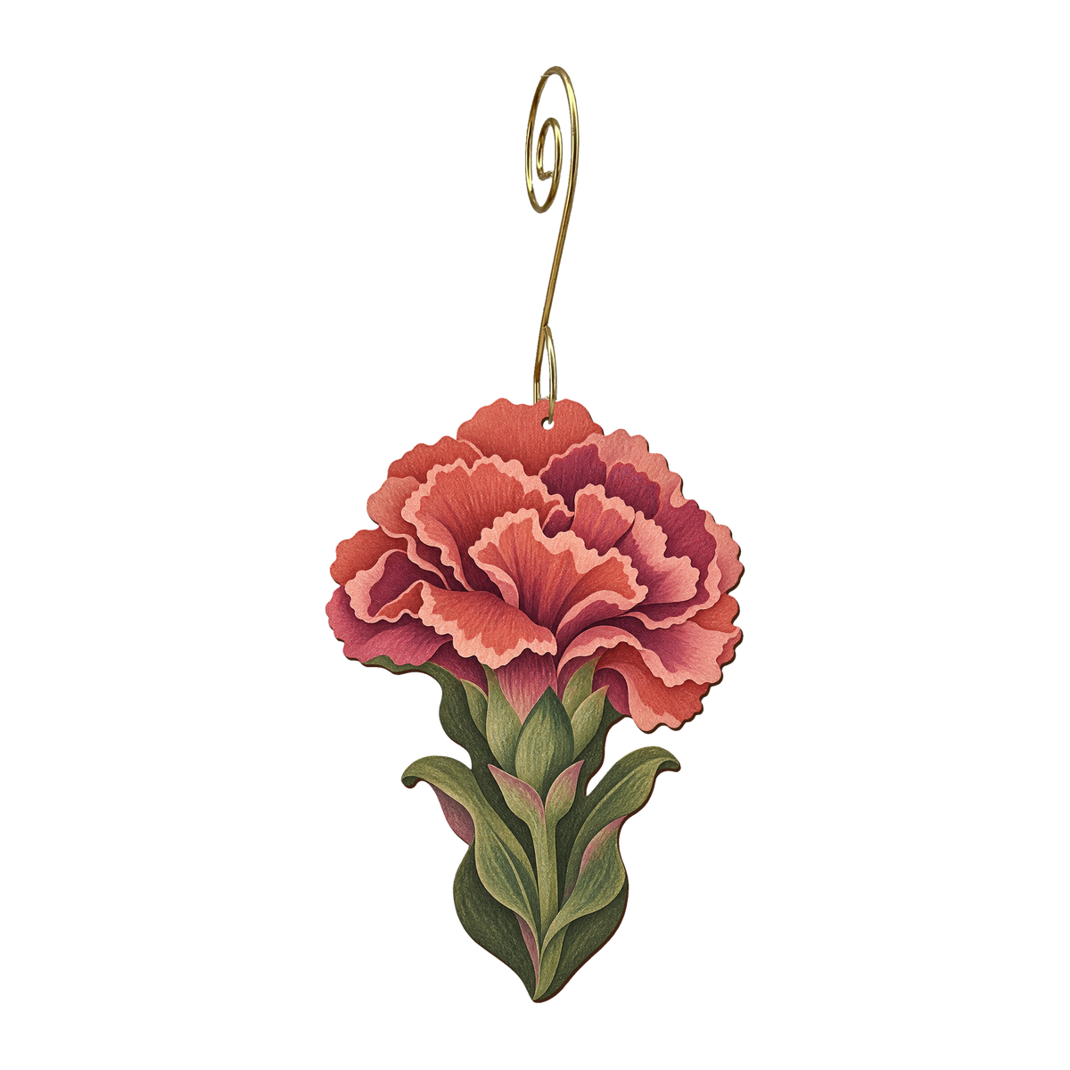 Carnation Ruffle wooden ornament O564 with gold spiral hook by Green Tree Jewelry