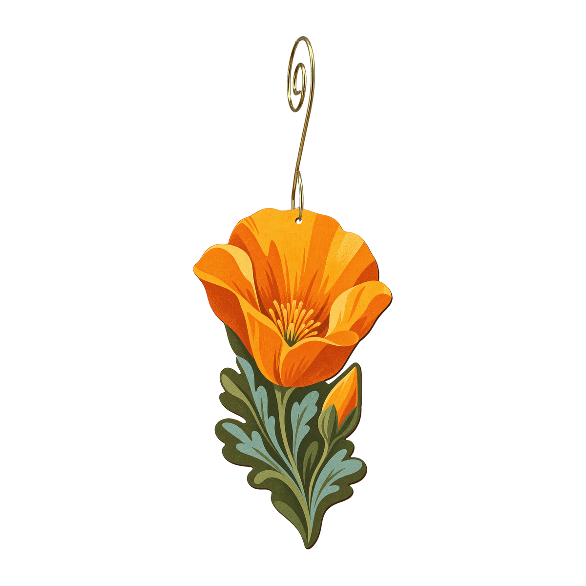 California Poppy wooden ornament O565 with gold spiral hook by Green Tree Jewelry