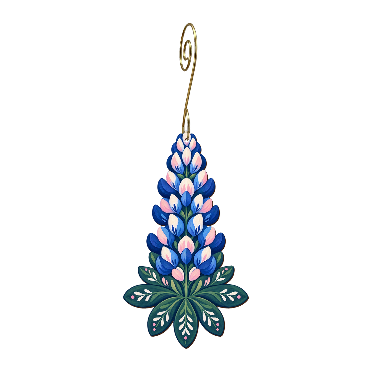 Lupine Tower wooden ornament O566 with gold spiral hook by Green Tree Jewelry