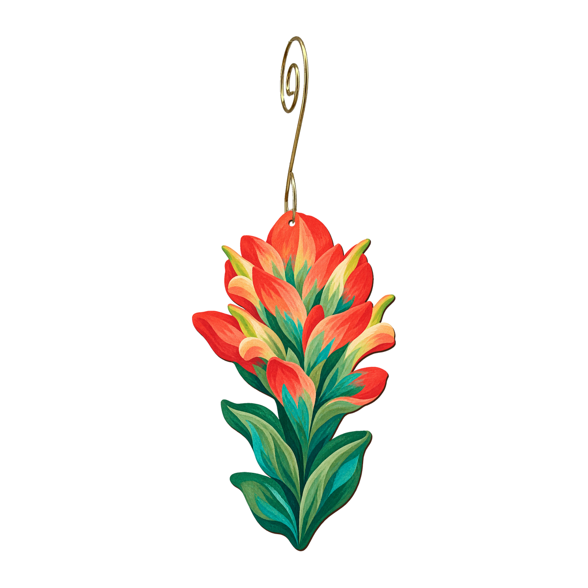 Indian Paintbrush wooden ornament O567 with gold spiral hook by Green Tree Jewelry