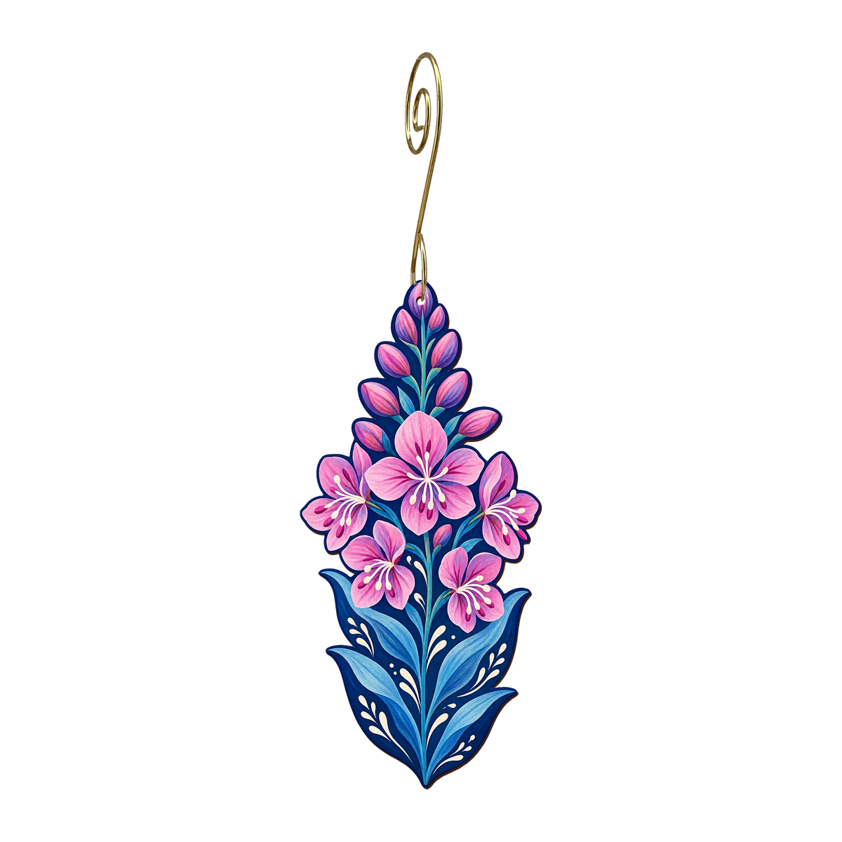 Fireweed wooden ornament O569 with gold spiral hook by Green Tree Jewelry