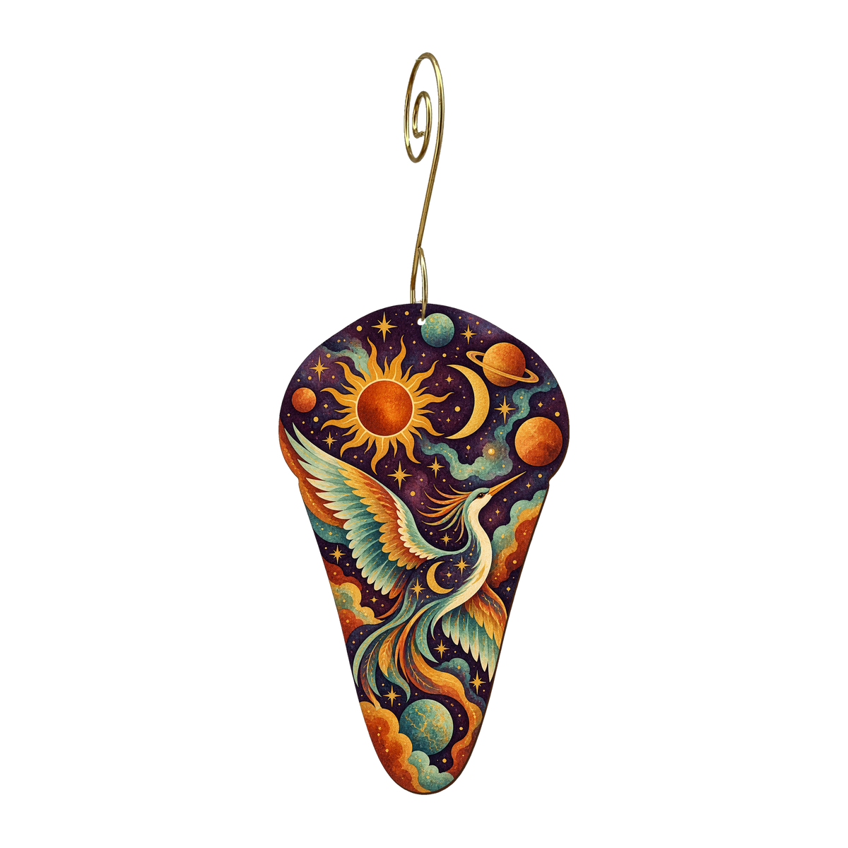 Cosmic Phoenix wooden ornament O570 with gold spiral hook by Green Tree Jewelry