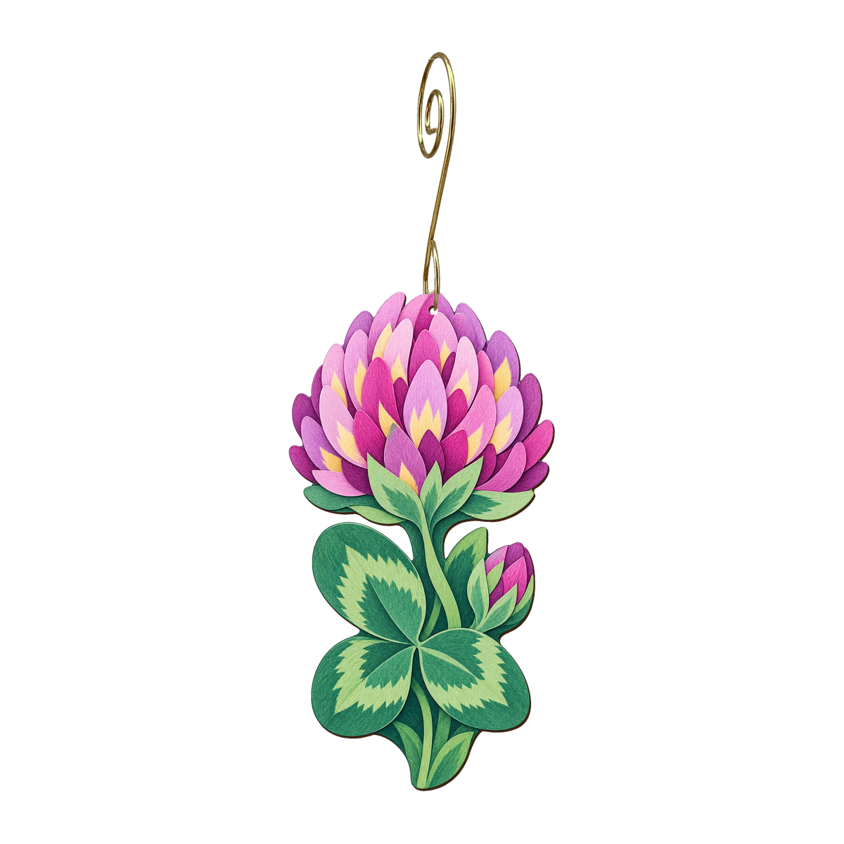 Clover Bloom wooden ornament O571 with gold spiral hook by Green Tree Jewelry