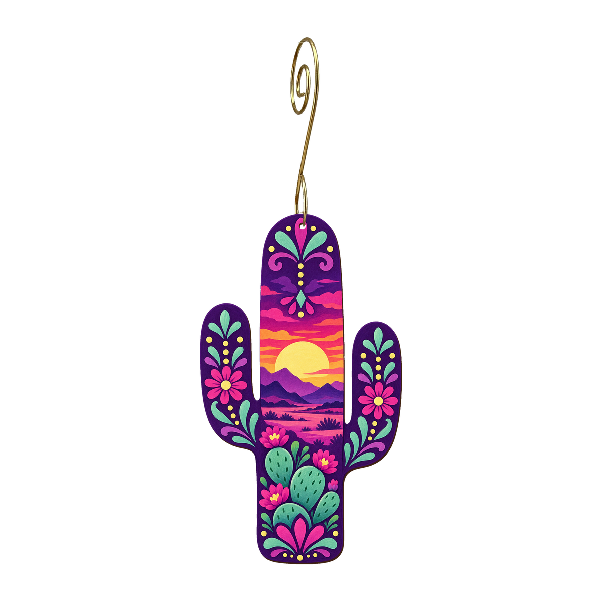Saguaro Sunset wooden ornament O573 with gold spiral hook by Green Tree Jewelry