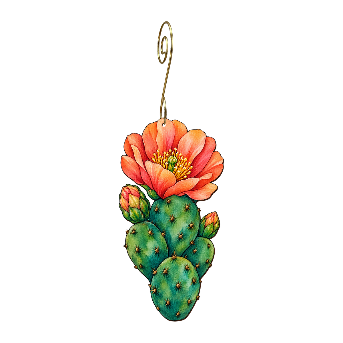 Prickly Pear Bloom wooden ornament O574 with gold spiral hook by Green Tree Jewelry