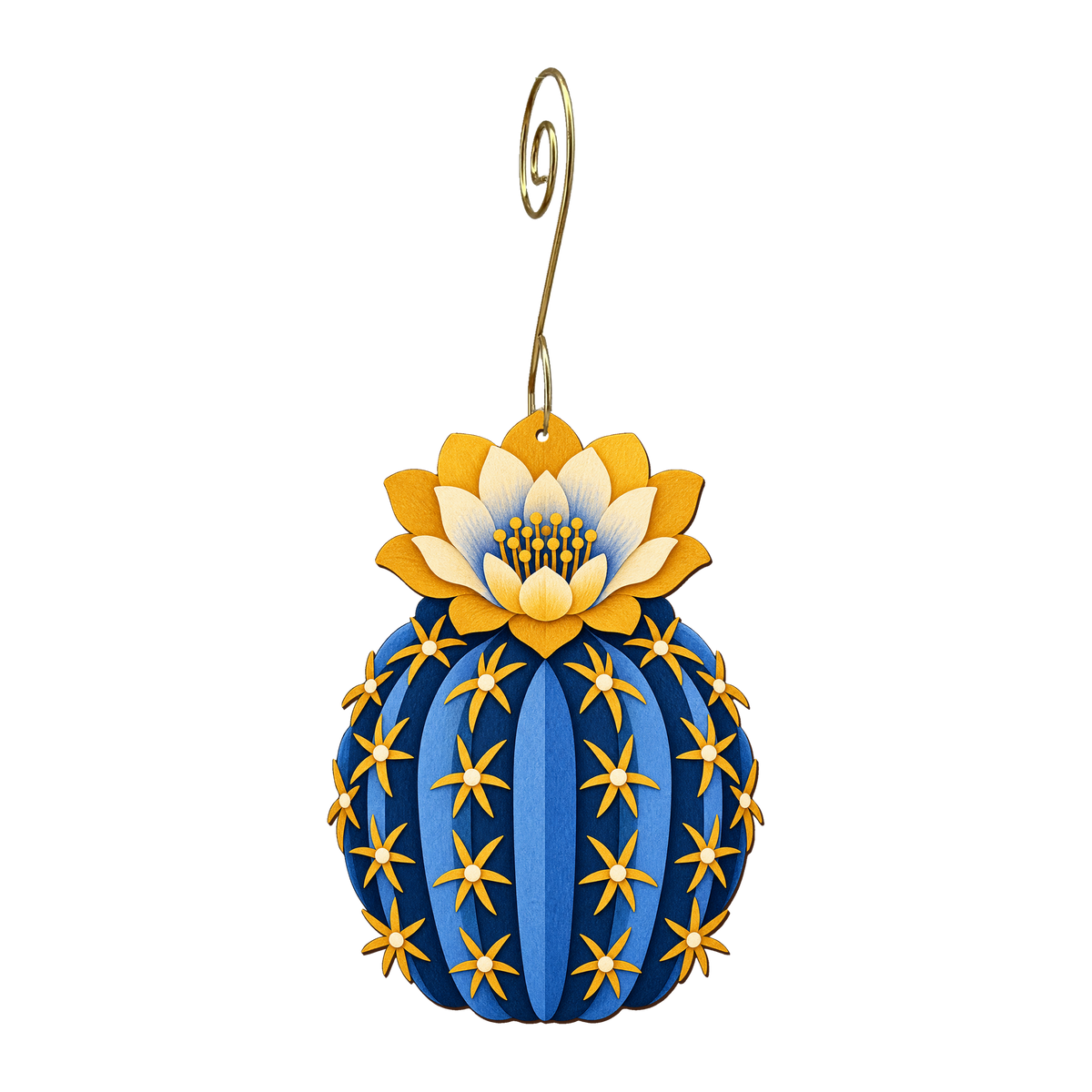 Barrel Cactus wooden ornament O575 with gold spiral hook by Green Tree Jewelry