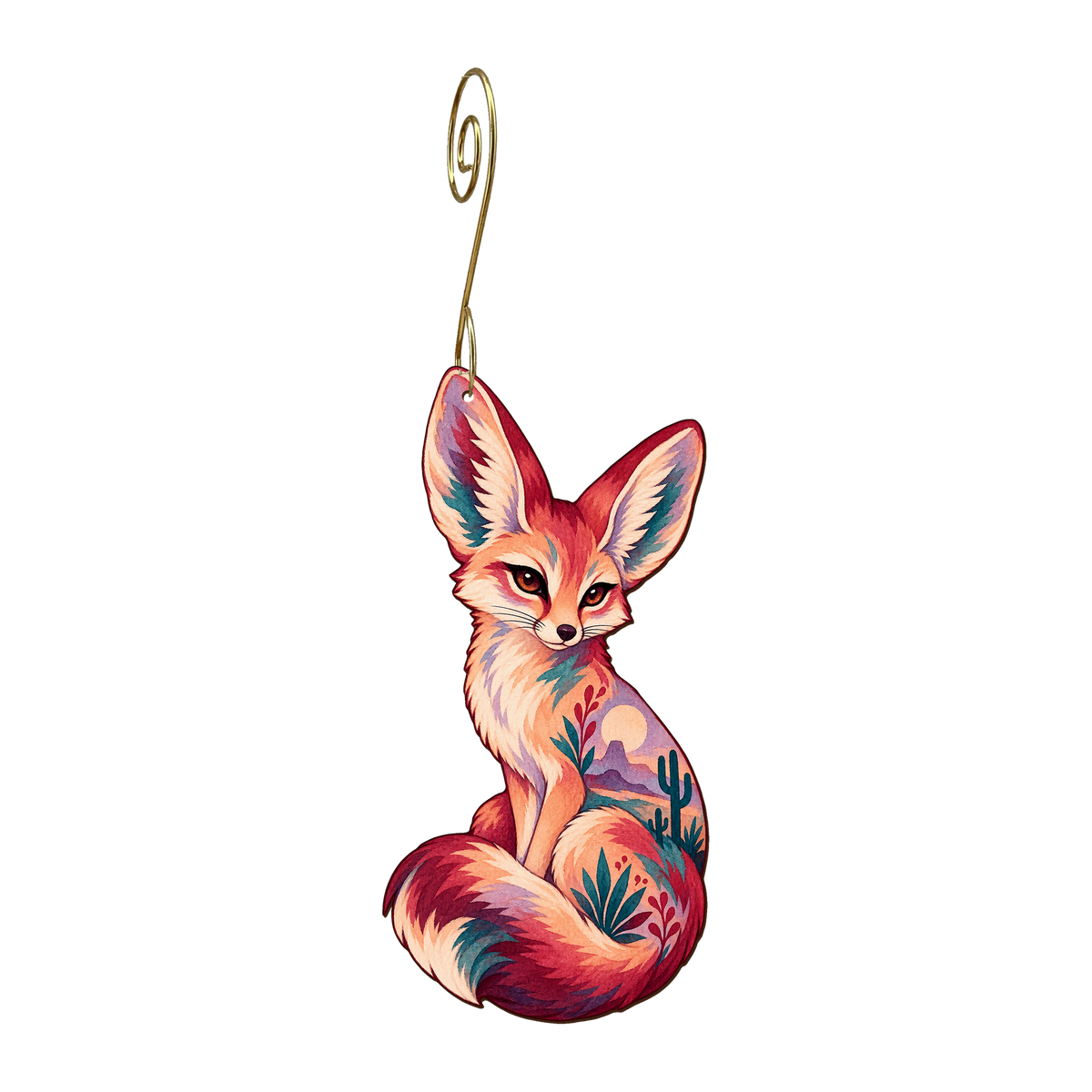 Desert Fox wooden ornament O579 with gold spiral hook by Green Tree Jewelry