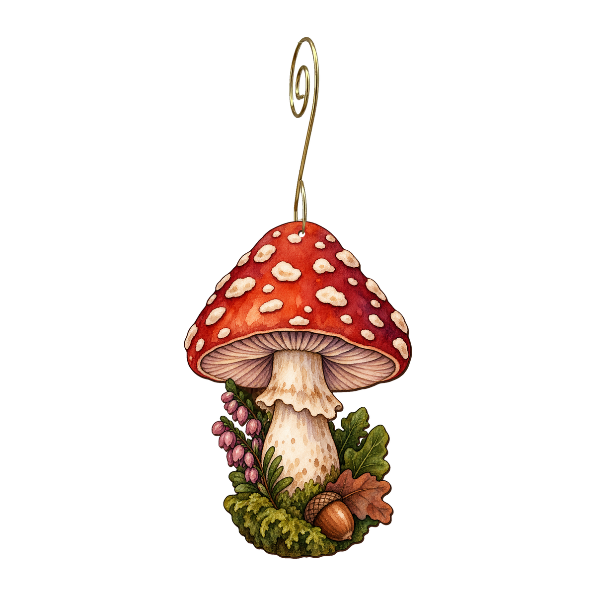 Red Toadstool wooden ornament O580 with gold spiral hook by Green Tree Jewelry