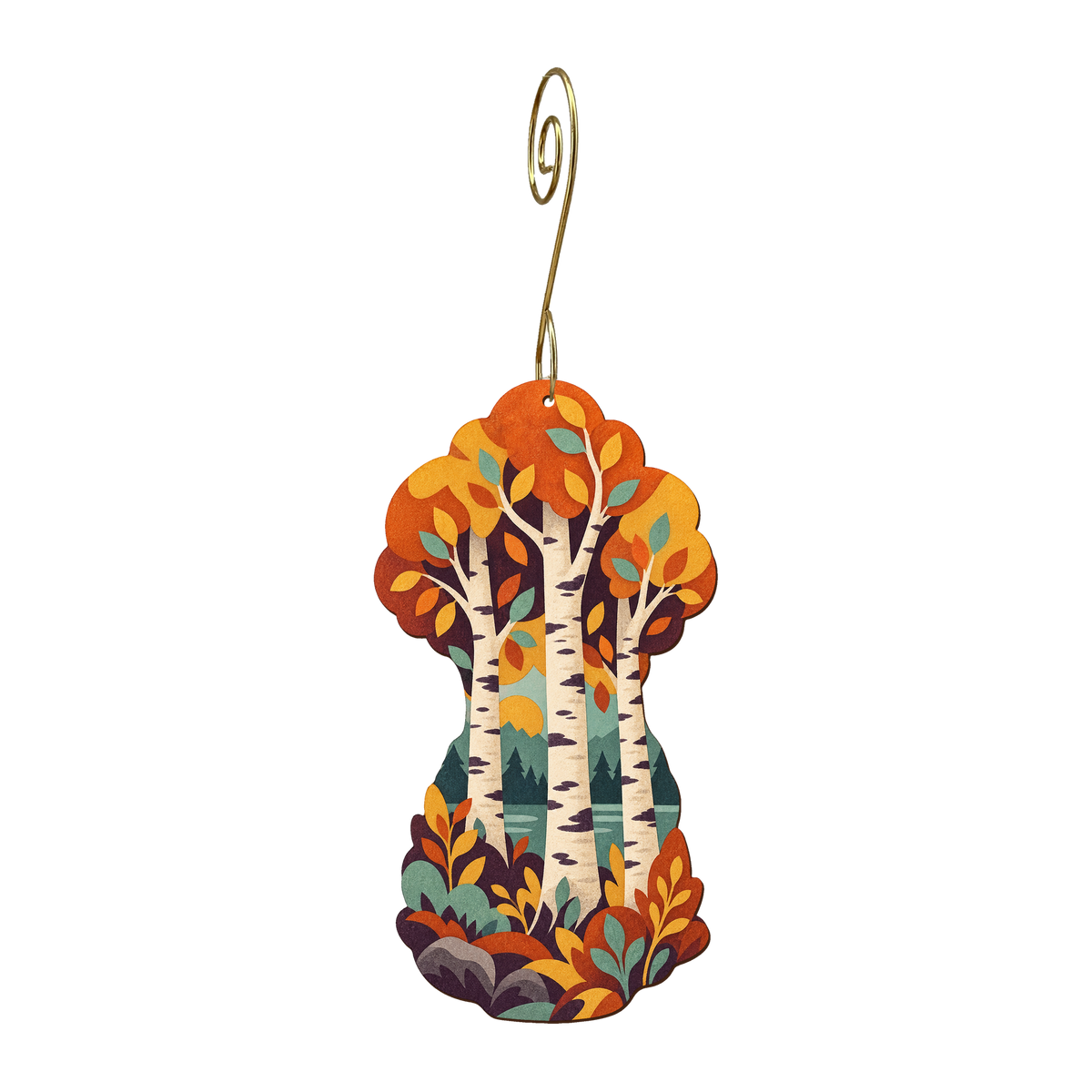 Birch Grove wooden ornament O582 with gold spiral hook by Green Tree Jewelry