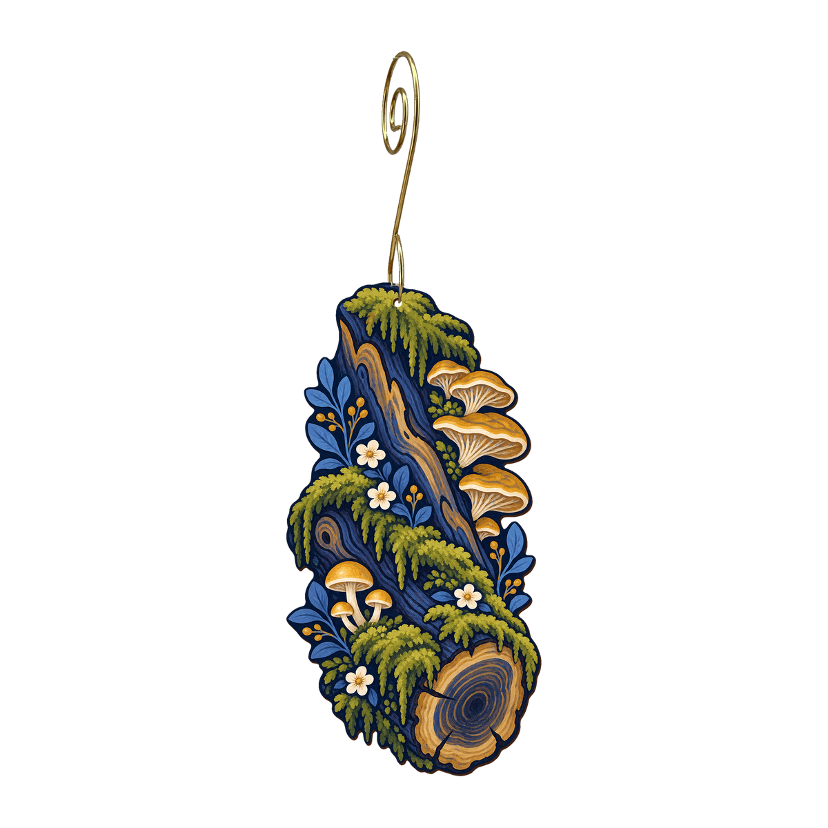 Mossy Log wooden ornament O583 with gold spiral hook by Green Tree Jewelry