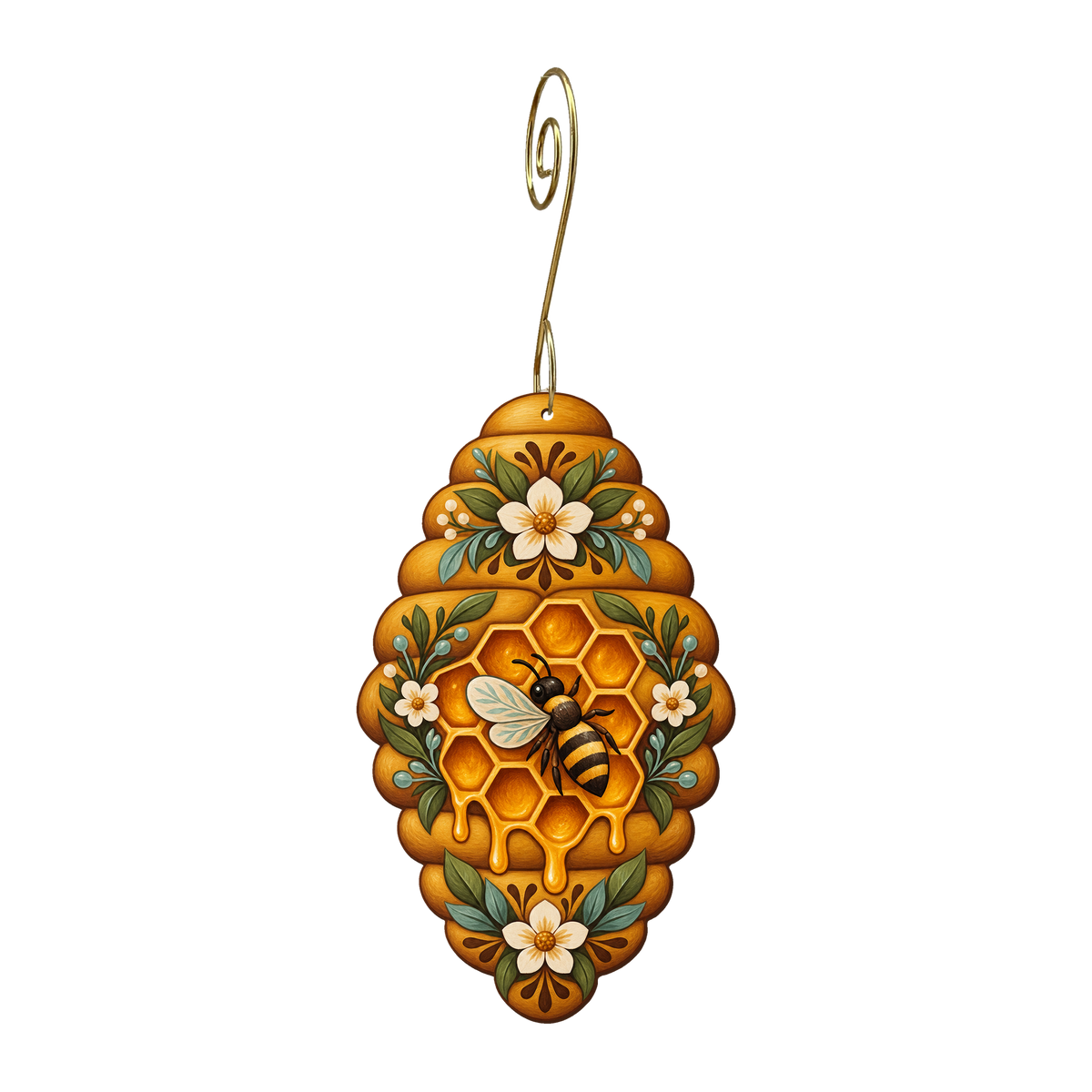 Honeycomb Hive wooden ornament O584 with gold spiral hook by Green Tree Jewelry