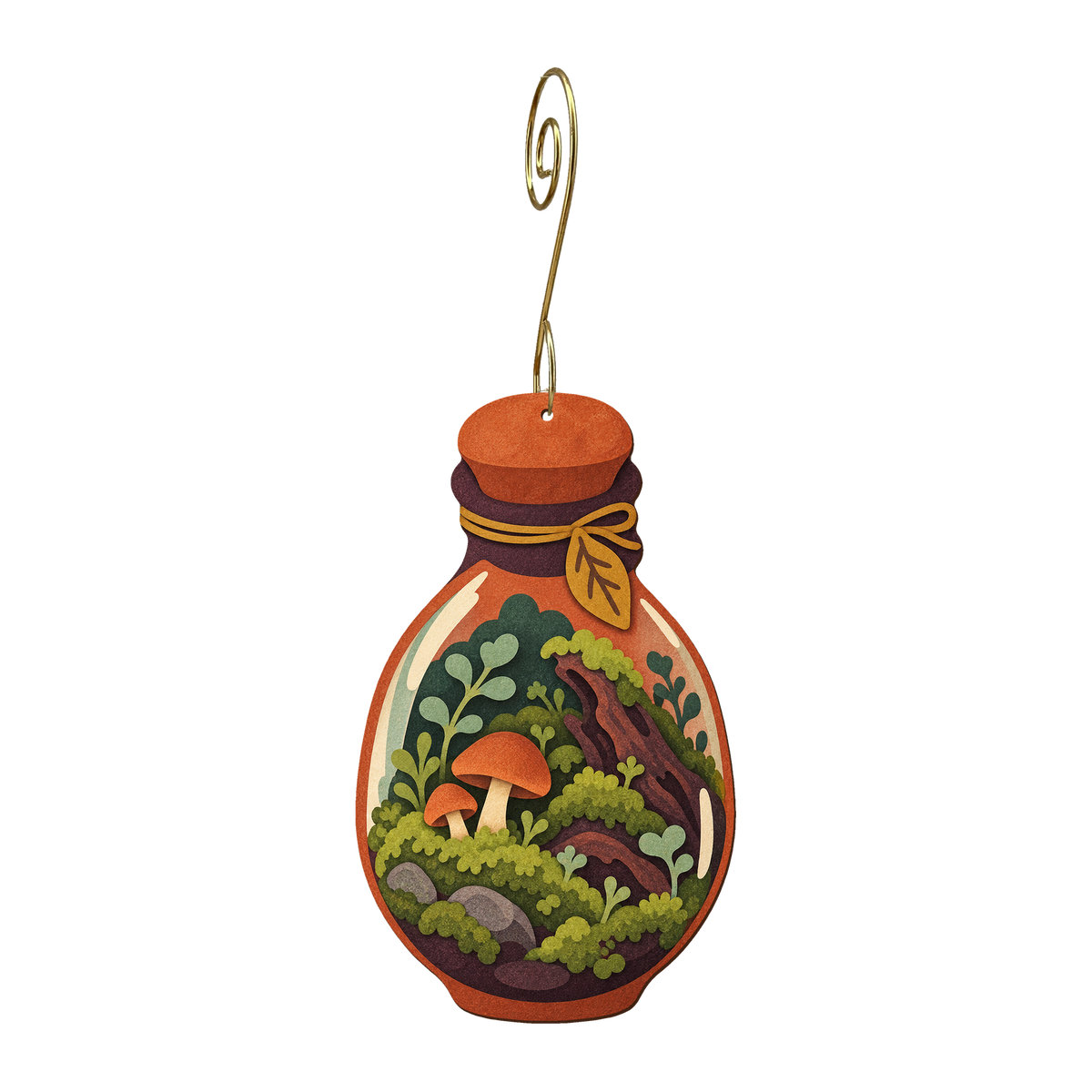 Moss Terrarium wooden ornament O585 with gold spiral hook by Green Tree Jewelry