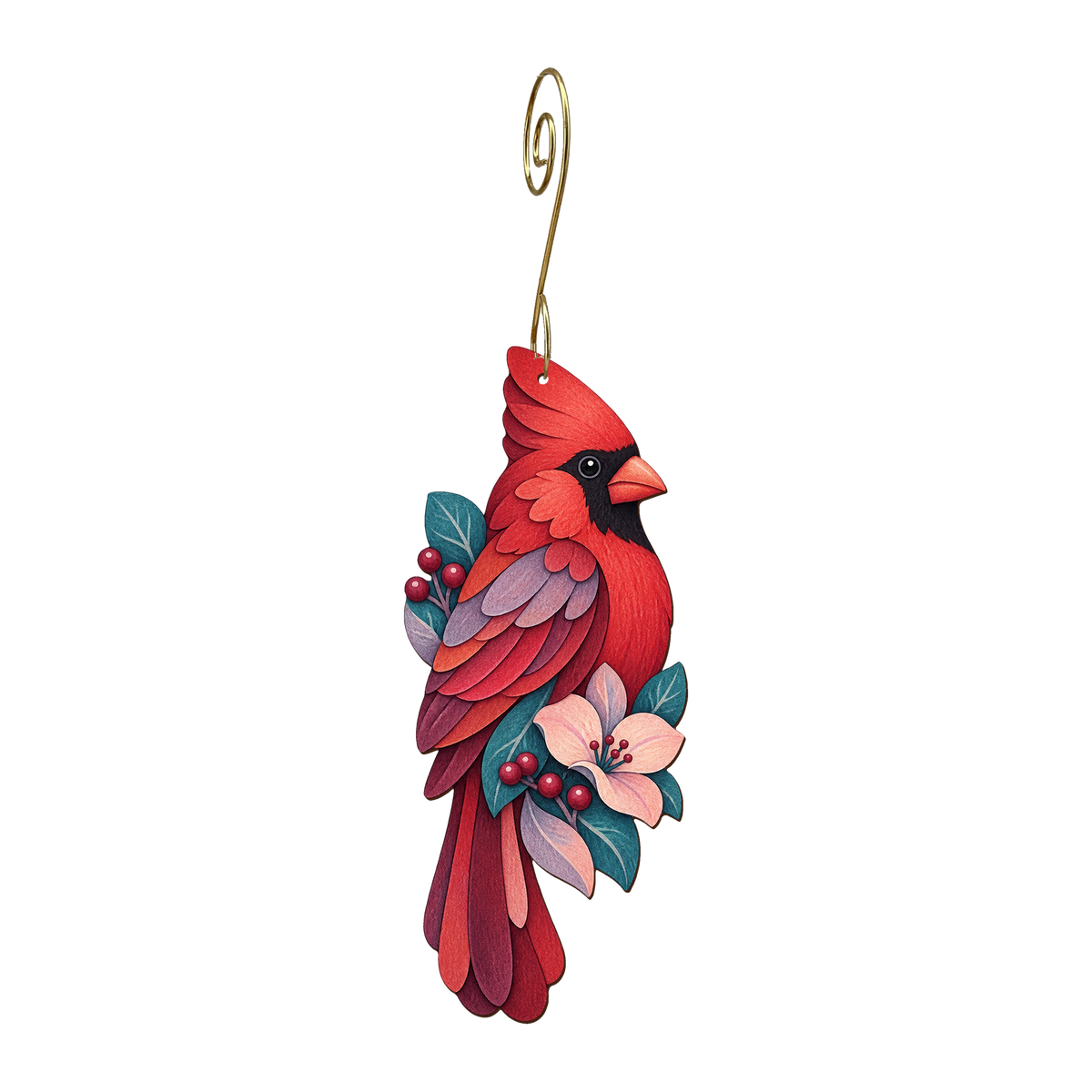 Cardinal wooden ornament O588 with gold spiral hook by Green Tree Jewelry