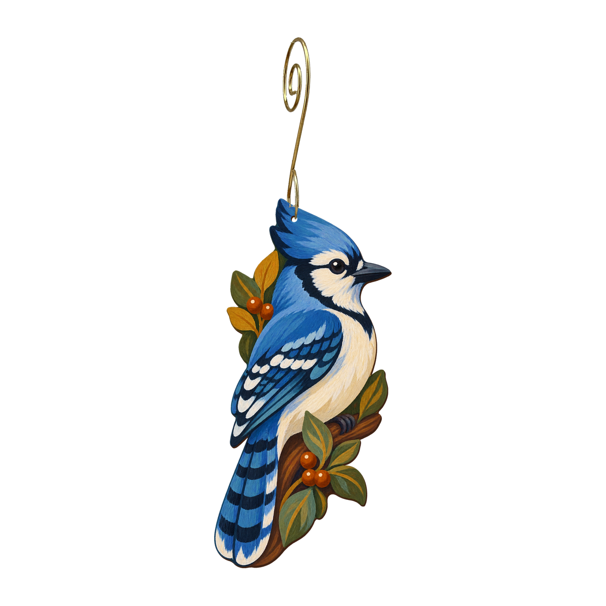 Blue Jay wooden ornament O589 with gold spiral hook by Green Tree Jewelry