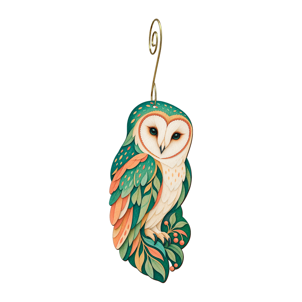 Barn Owl wooden ornament O591 with gold spiral hook by Green Tree Jewelry