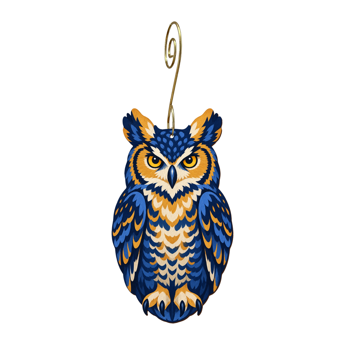 Great Horned Owl wooden ornament O592 with gold spiral hook by Green Tree Jewelry
