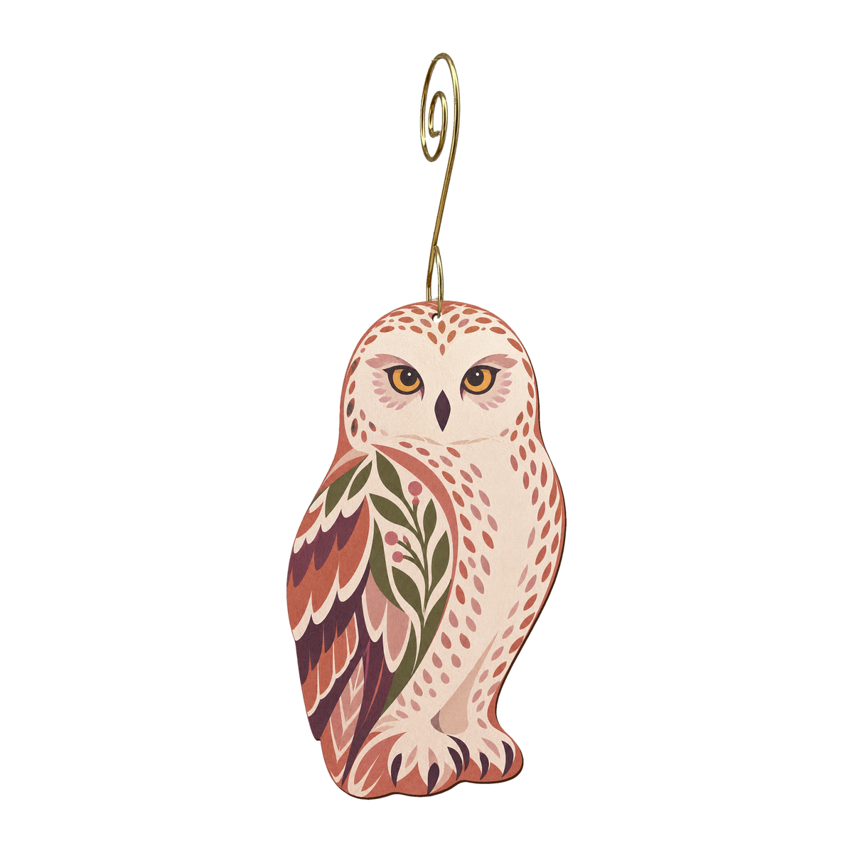 Snowy Owl wooden ornament O593 with gold spiral hook by Green Tree Jewelry