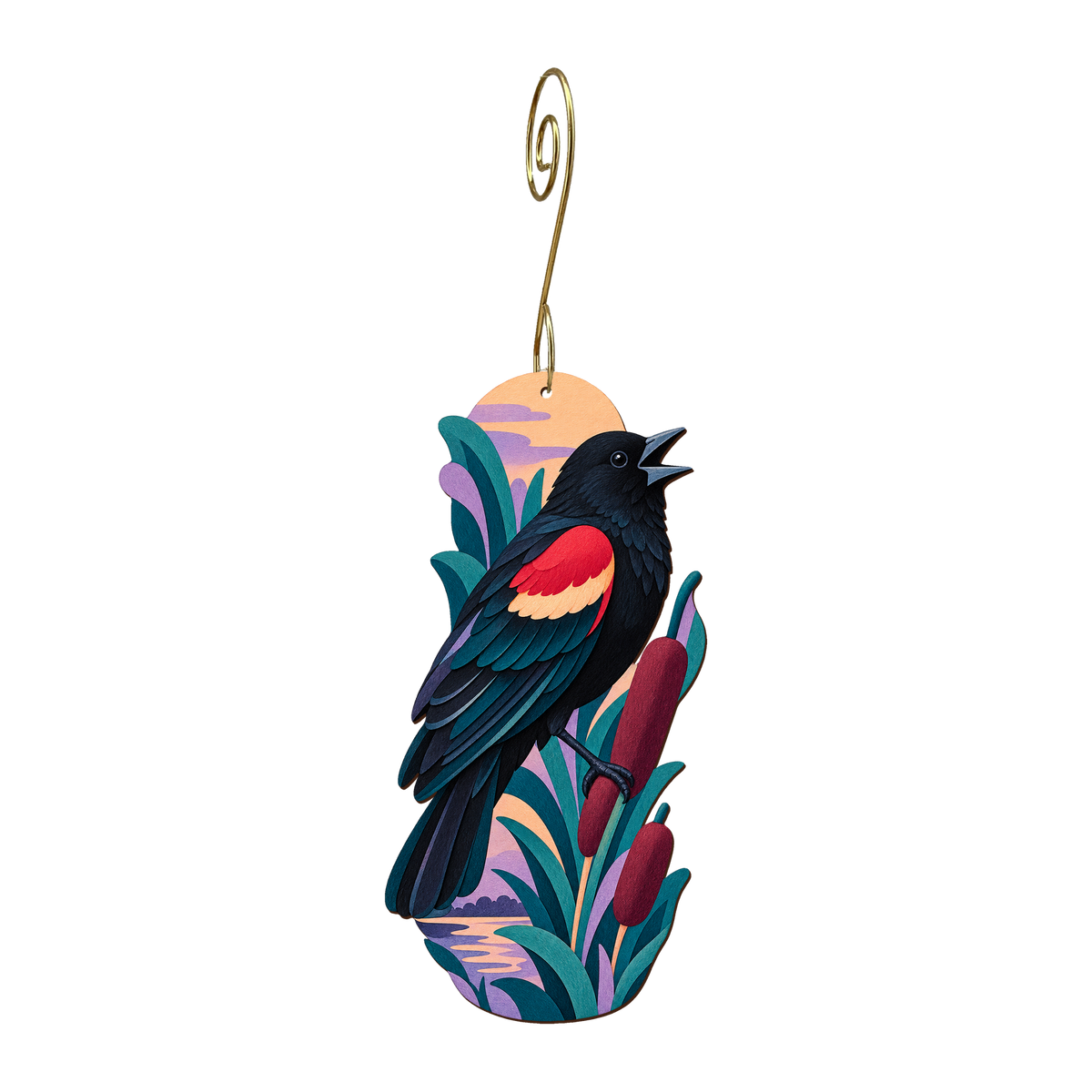 Red Winged Blackbird wooden ornament O595 with gold spiral hook by Green Tree Jewelry