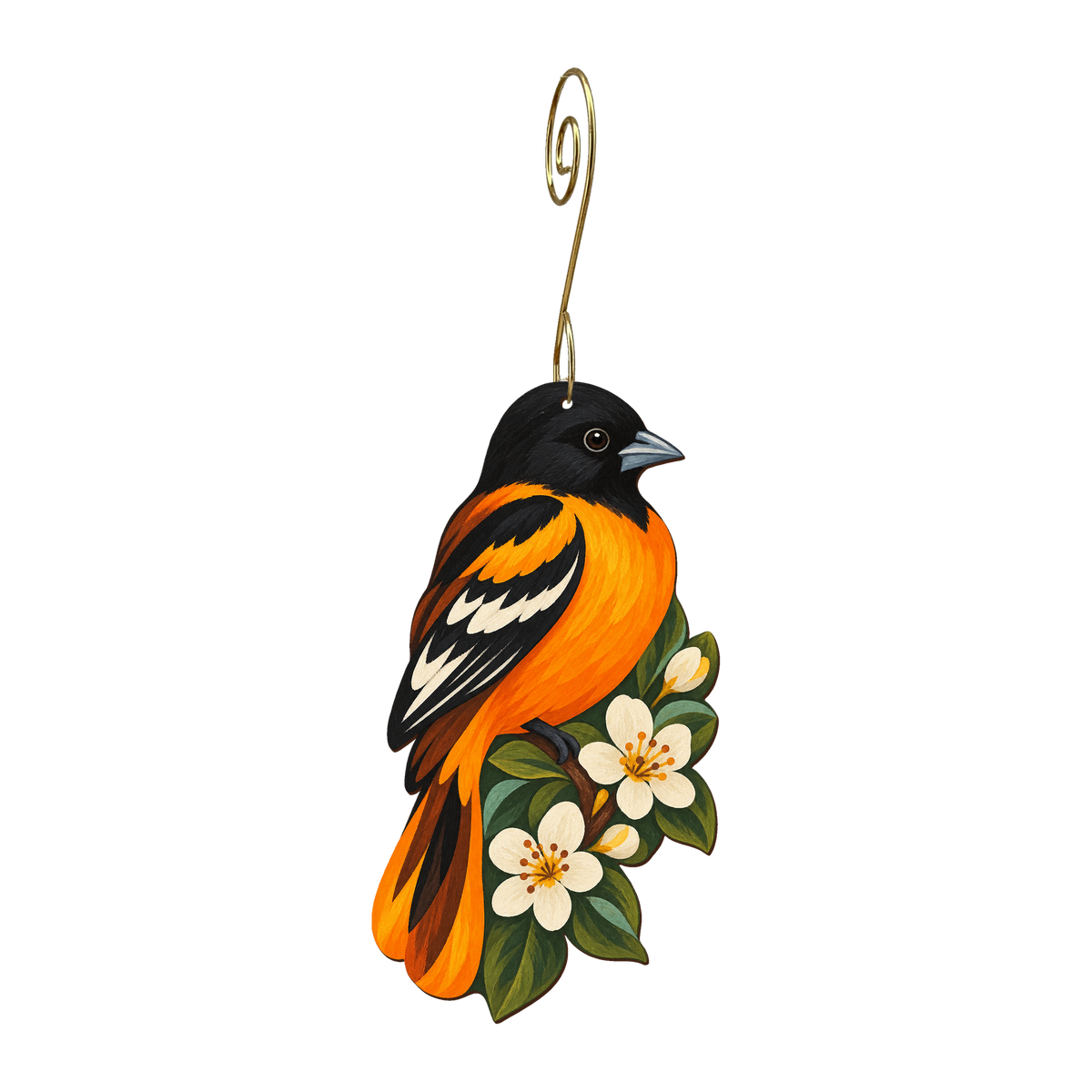 Baltimore Oriole wooden ornament O596 with gold spiral hook by Green Tree Jewelry