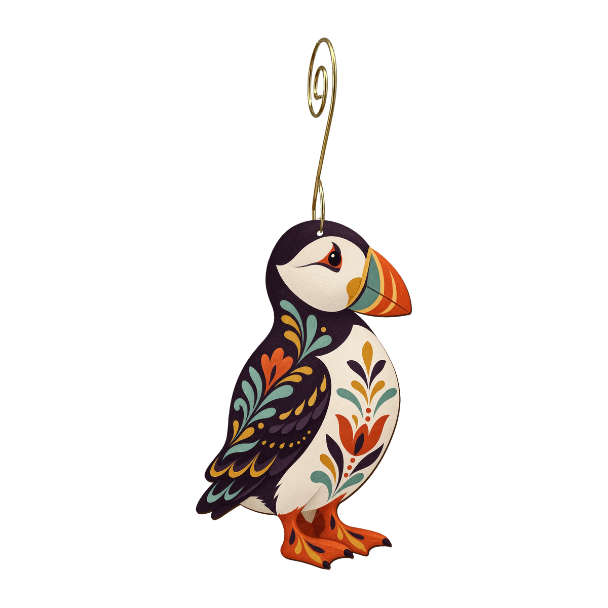 Puffin wooden ornament O597 with gold spiral hook by Green Tree Jewelry