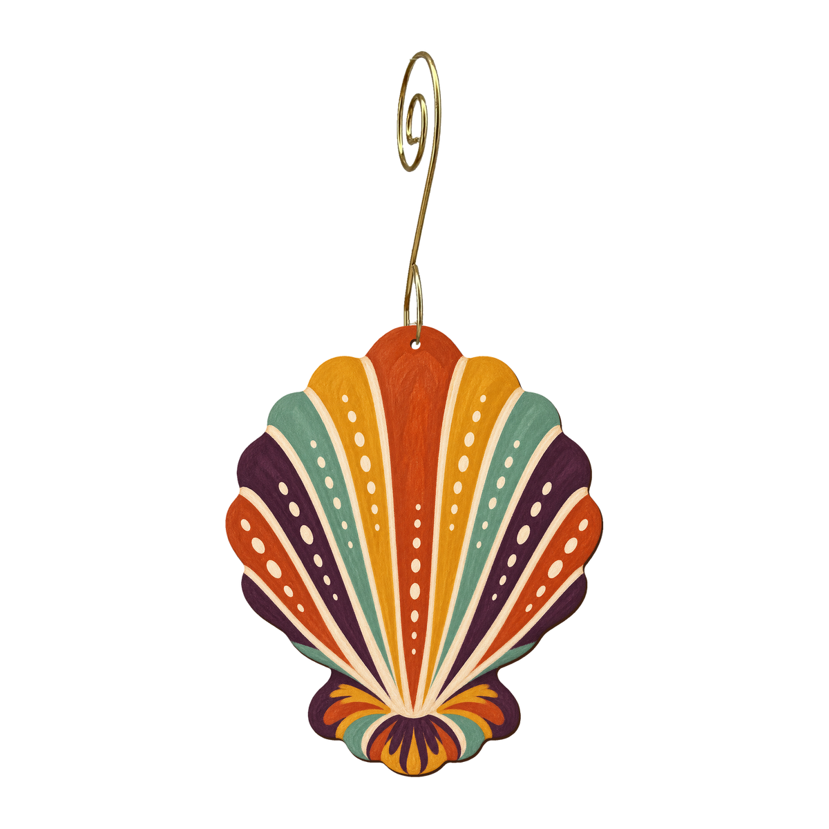 Scallop Shell wooden ornament O598 with gold spiral hook by Green Tree Jewelry