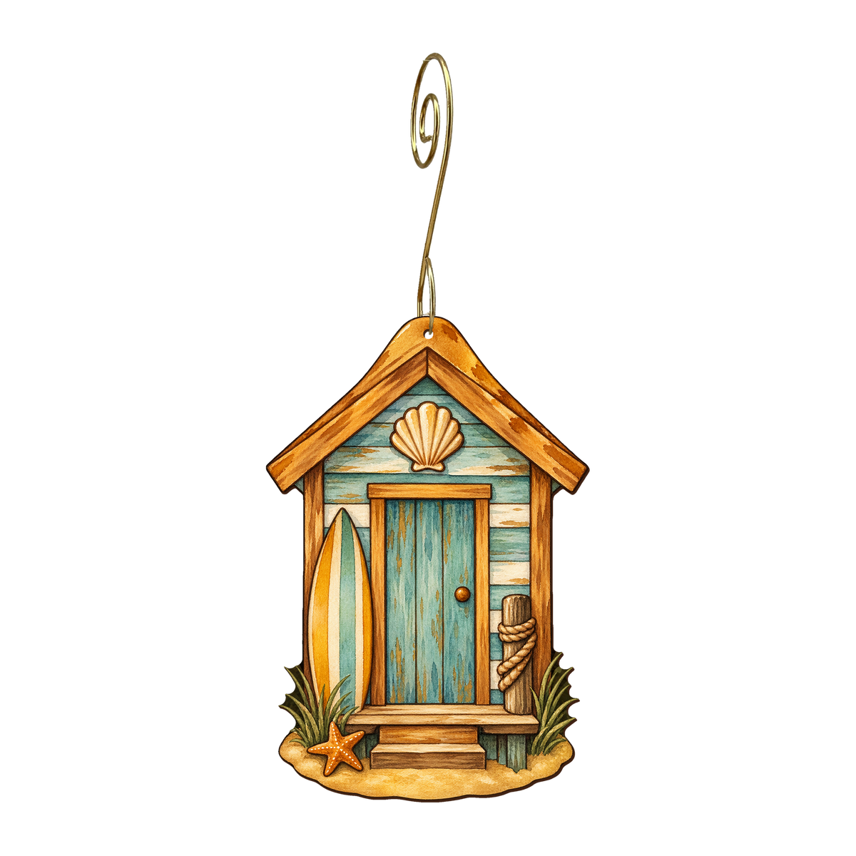 Beach Hut wooden ornament O599 with gold spiral hook by Green Tree Jewelry