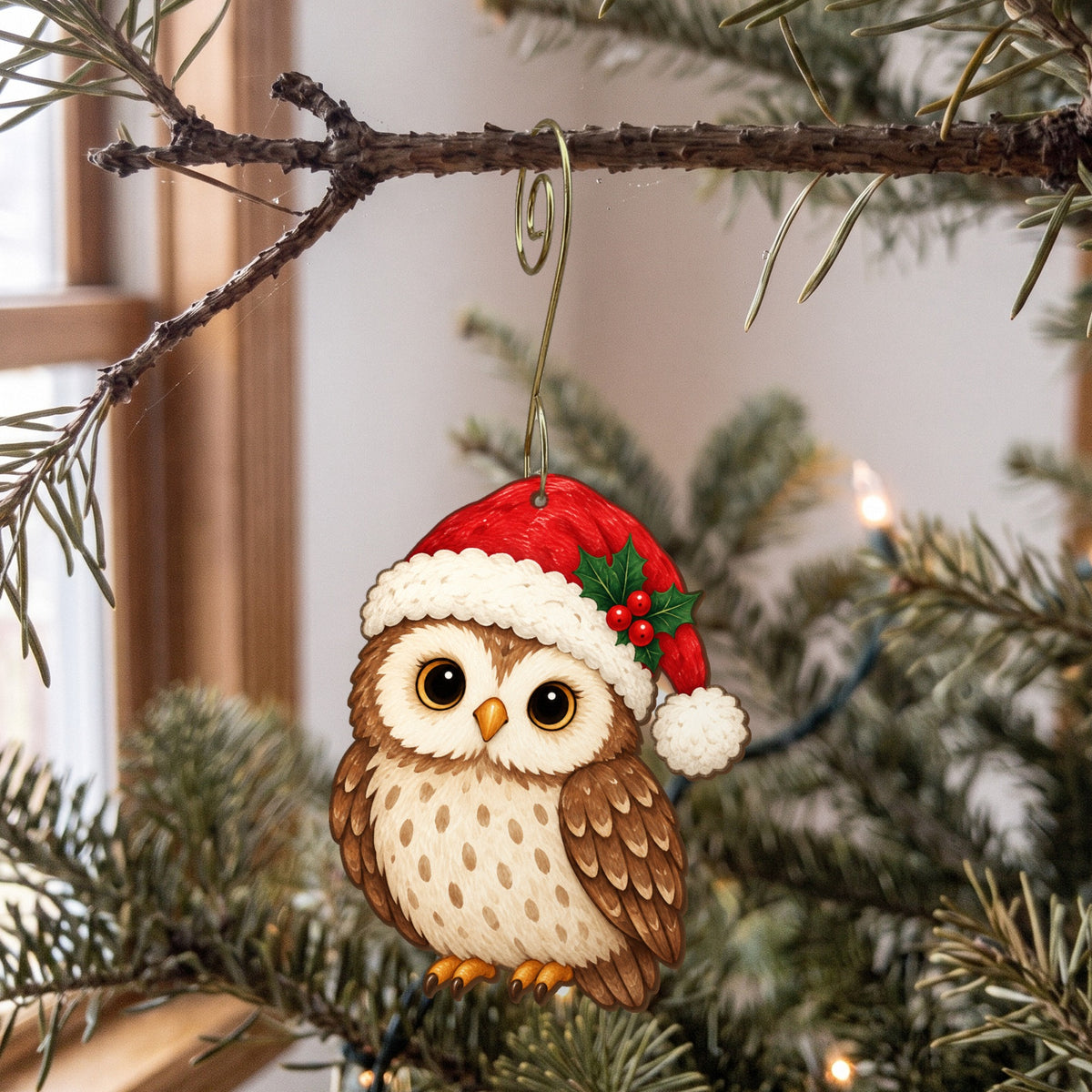 Laser-cut maple wood Christmas ornament O5 hanging on a fir branch, made in USA