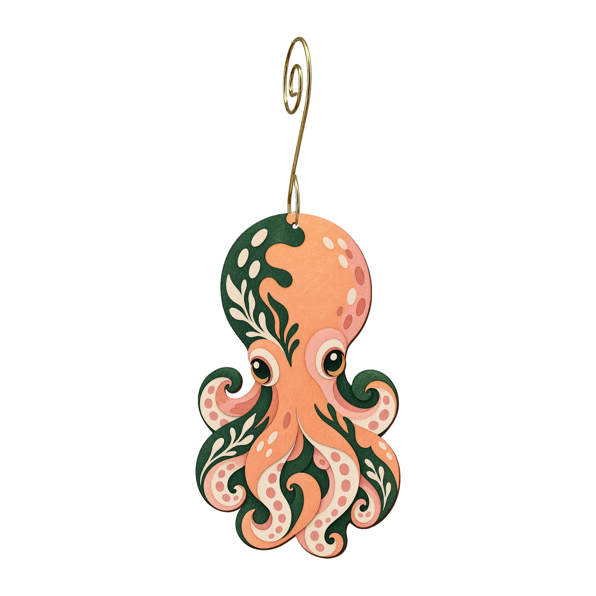 Octopus wooden ornament O601 with gold spiral hook by Green Tree Jewelry