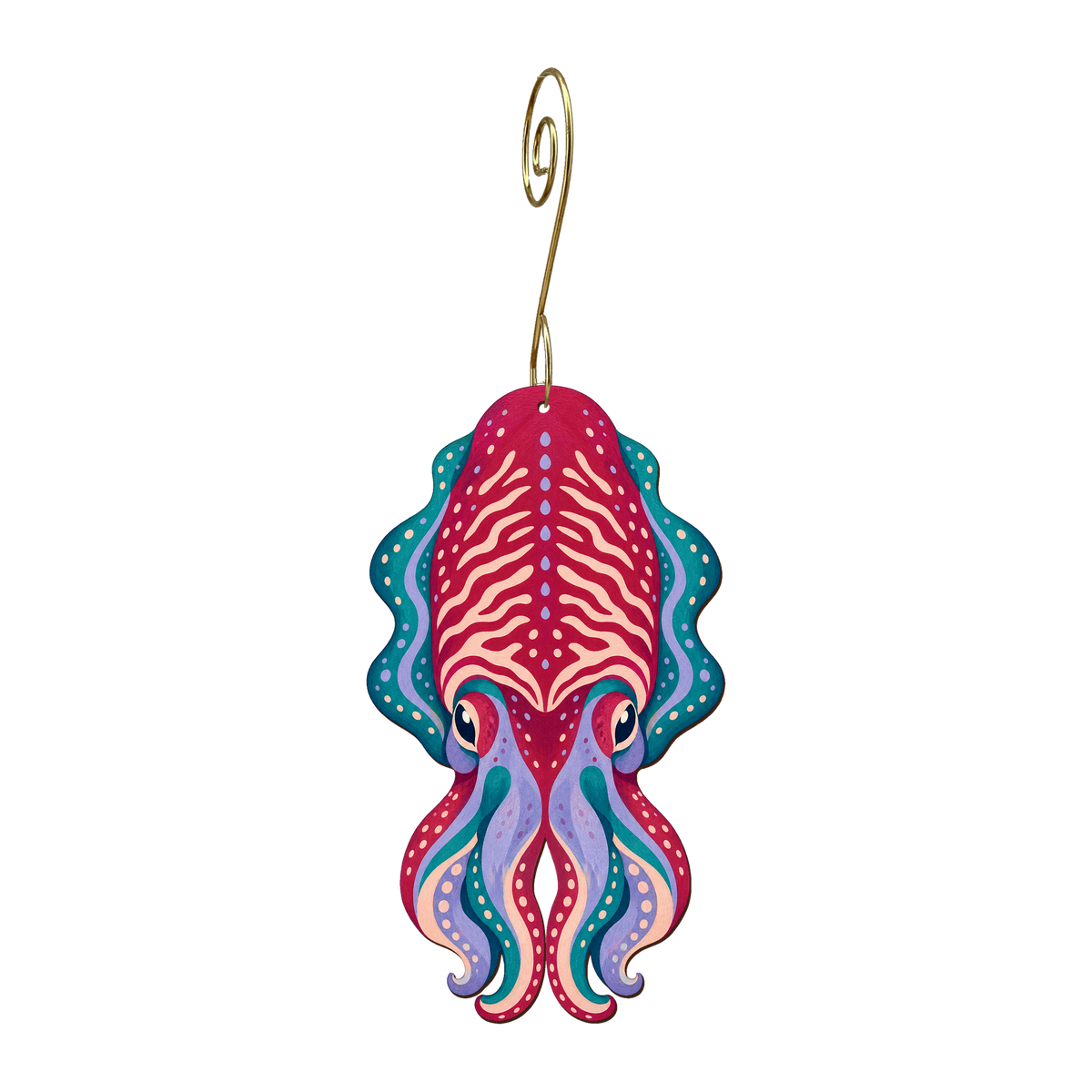 Cuttlefish wooden ornament O602 with gold spiral hook by Green Tree Jewelry