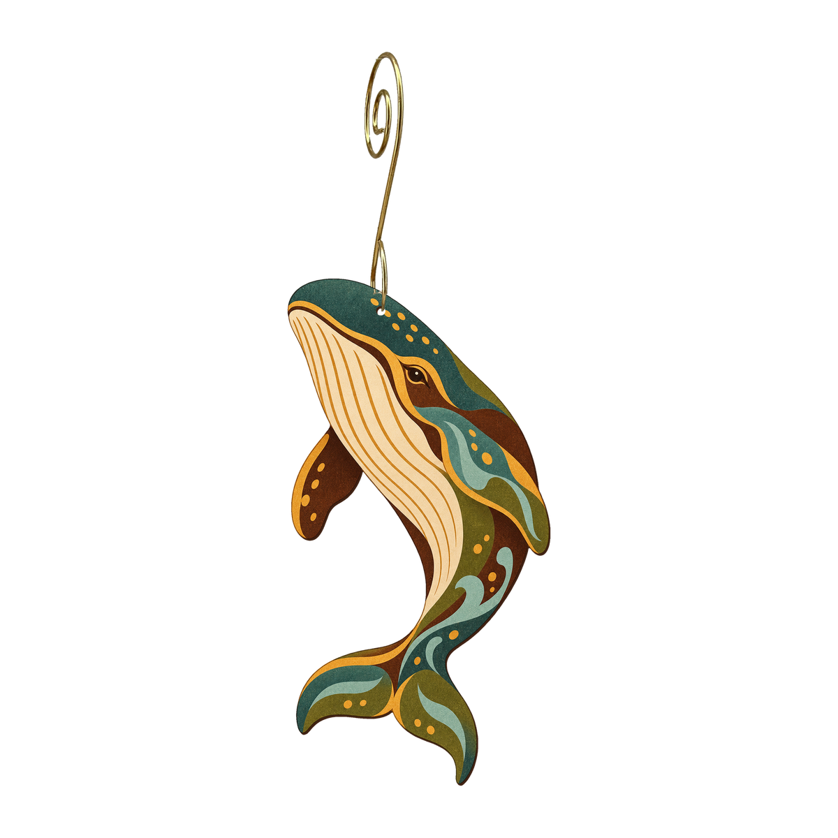 Whale wooden ornament O603 with gold spiral hook by Green Tree Jewelry