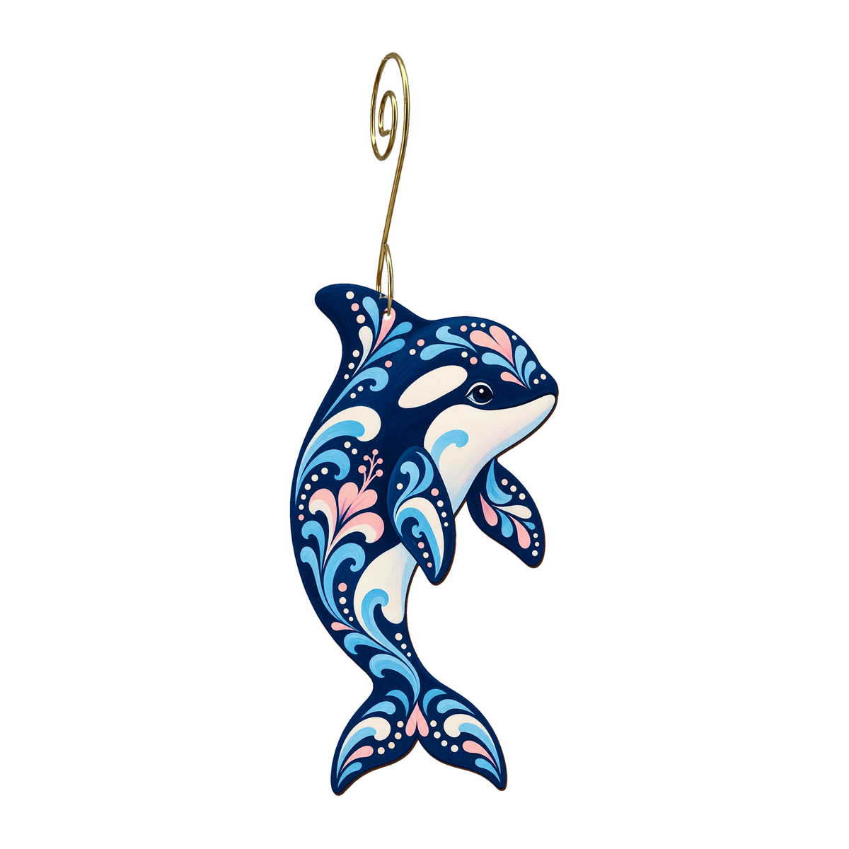 Orca wooden ornament O604 with gold spiral hook by Green Tree Jewelry