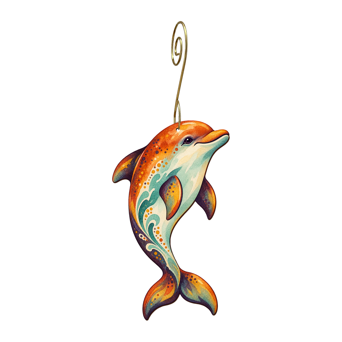 Dolphin wooden ornament O605 with gold spiral hook by Green Tree Jewelry