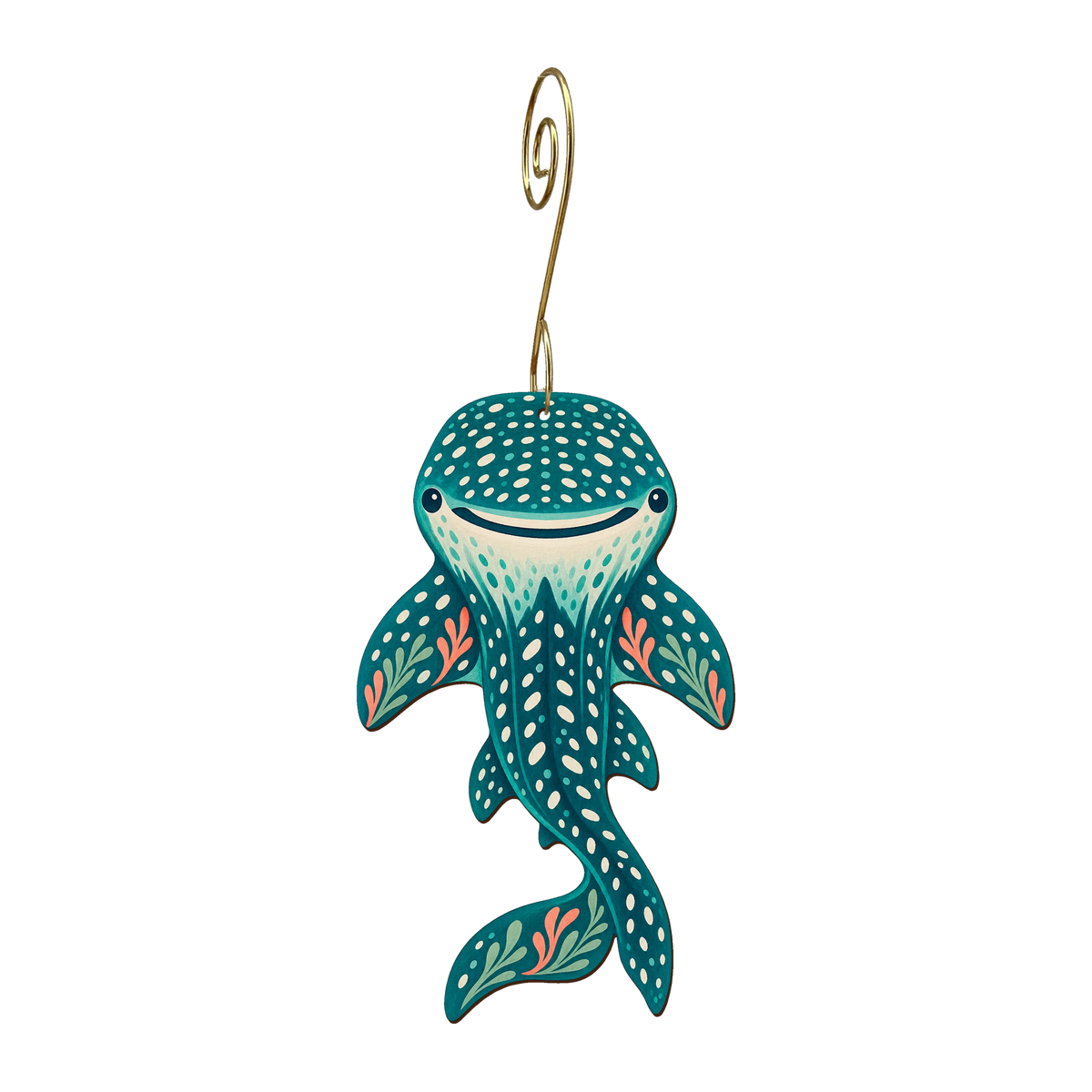 Whale Shark wooden ornament O606 with gold spiral hook by Green Tree Jewelry