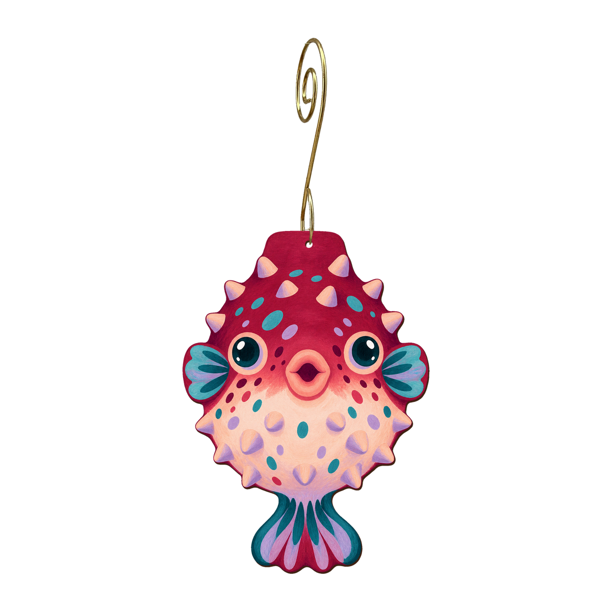 Pufferfish wooden ornament O608 with gold spiral hook by Green Tree Jewelry