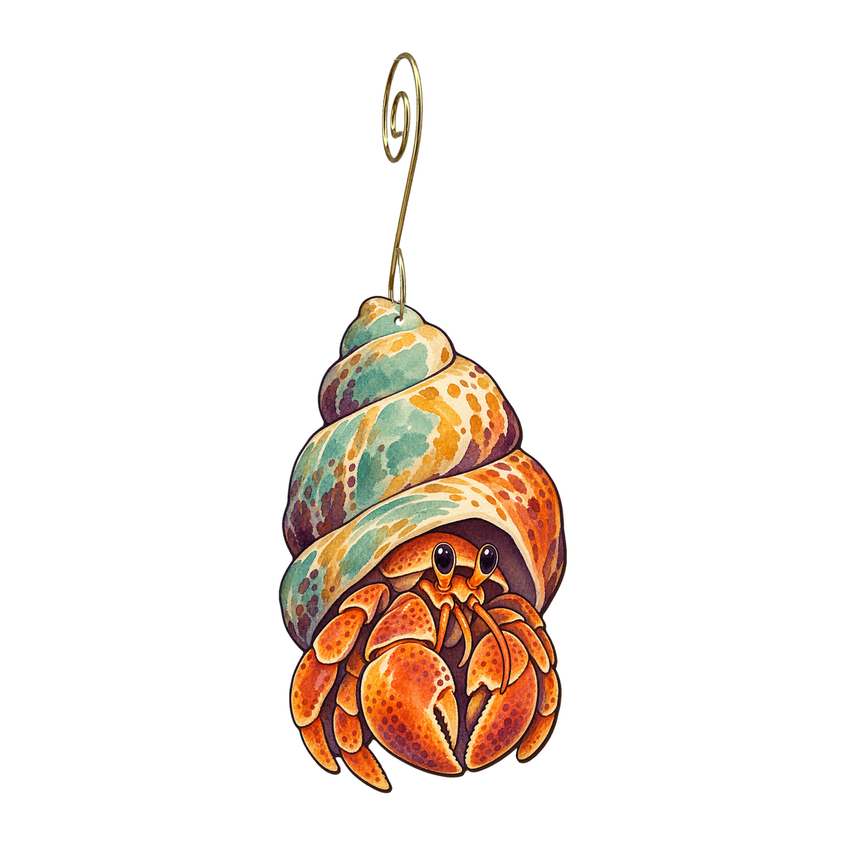 Hermit Crab wooden ornament O609 with gold spiral hook by Green Tree Jewelry