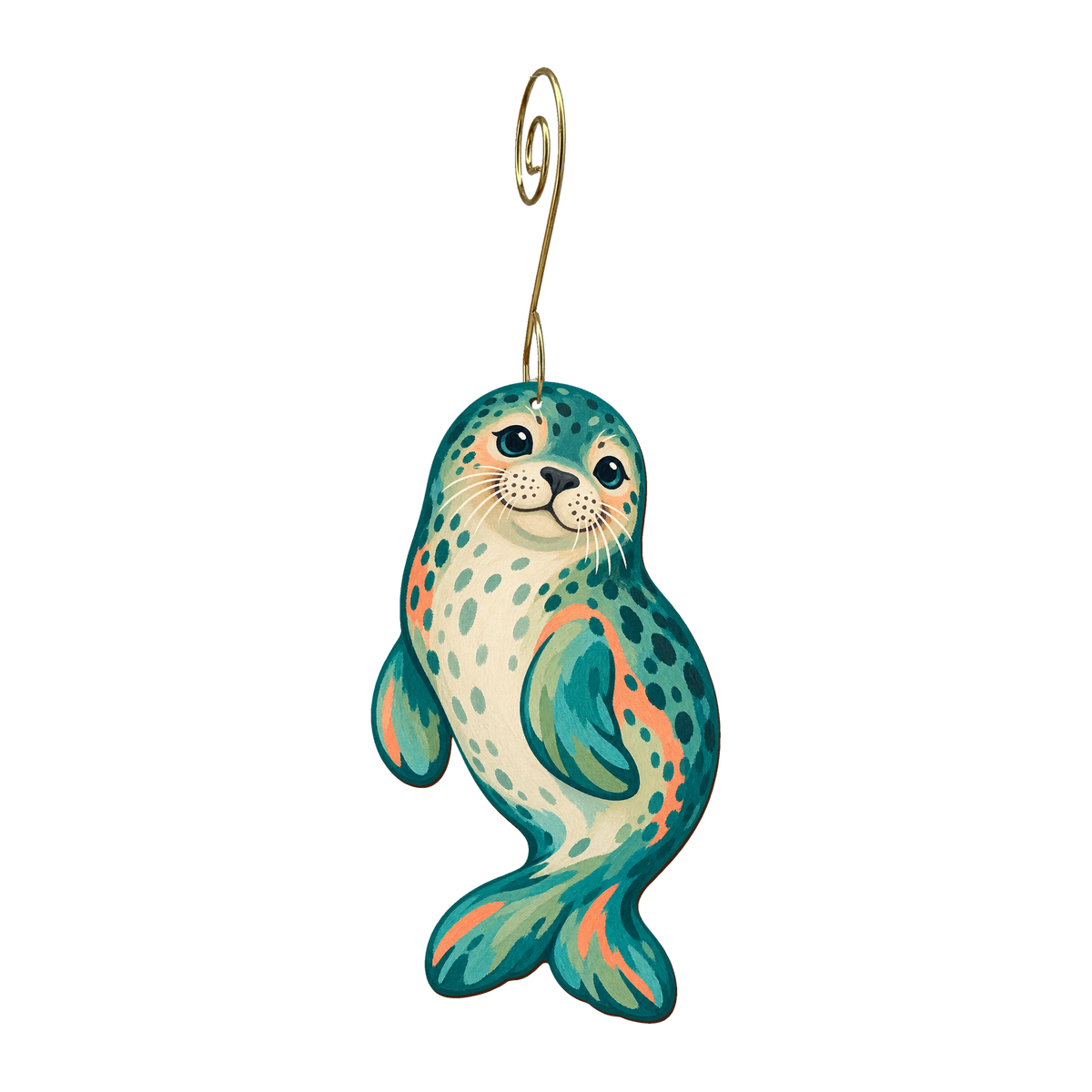 Harbor Seal wooden ornament O610 with gold spiral hook by Green Tree Jewelry