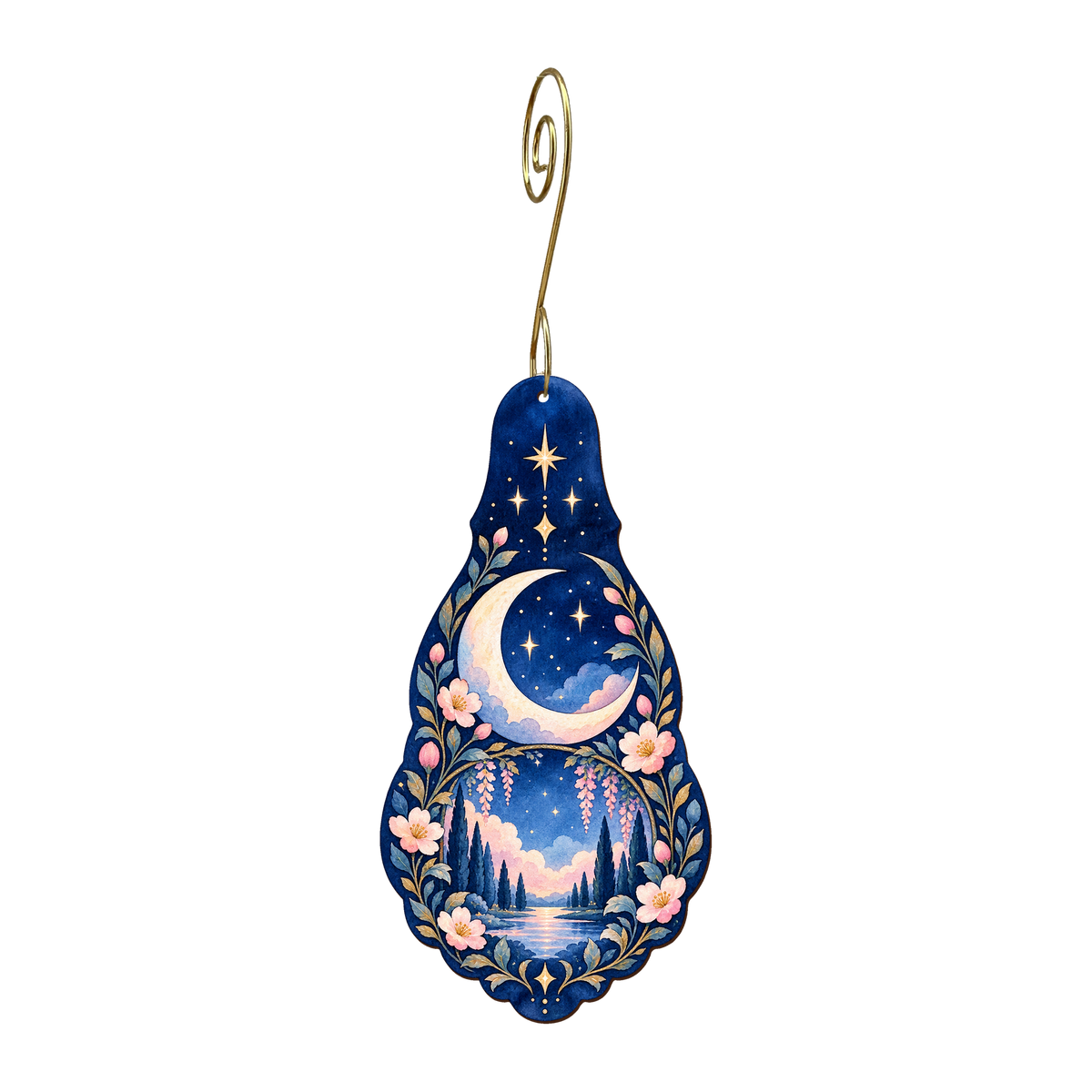 Crescent Garden wooden ornament O611 with gold spiral hook by Green Tree Jewelry