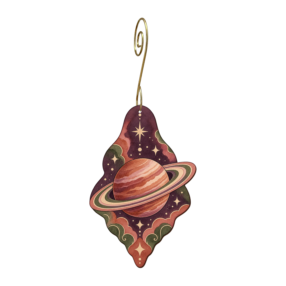 Saturn Rings wooden ornament O612 with gold spiral hook by Green Tree Jewelry