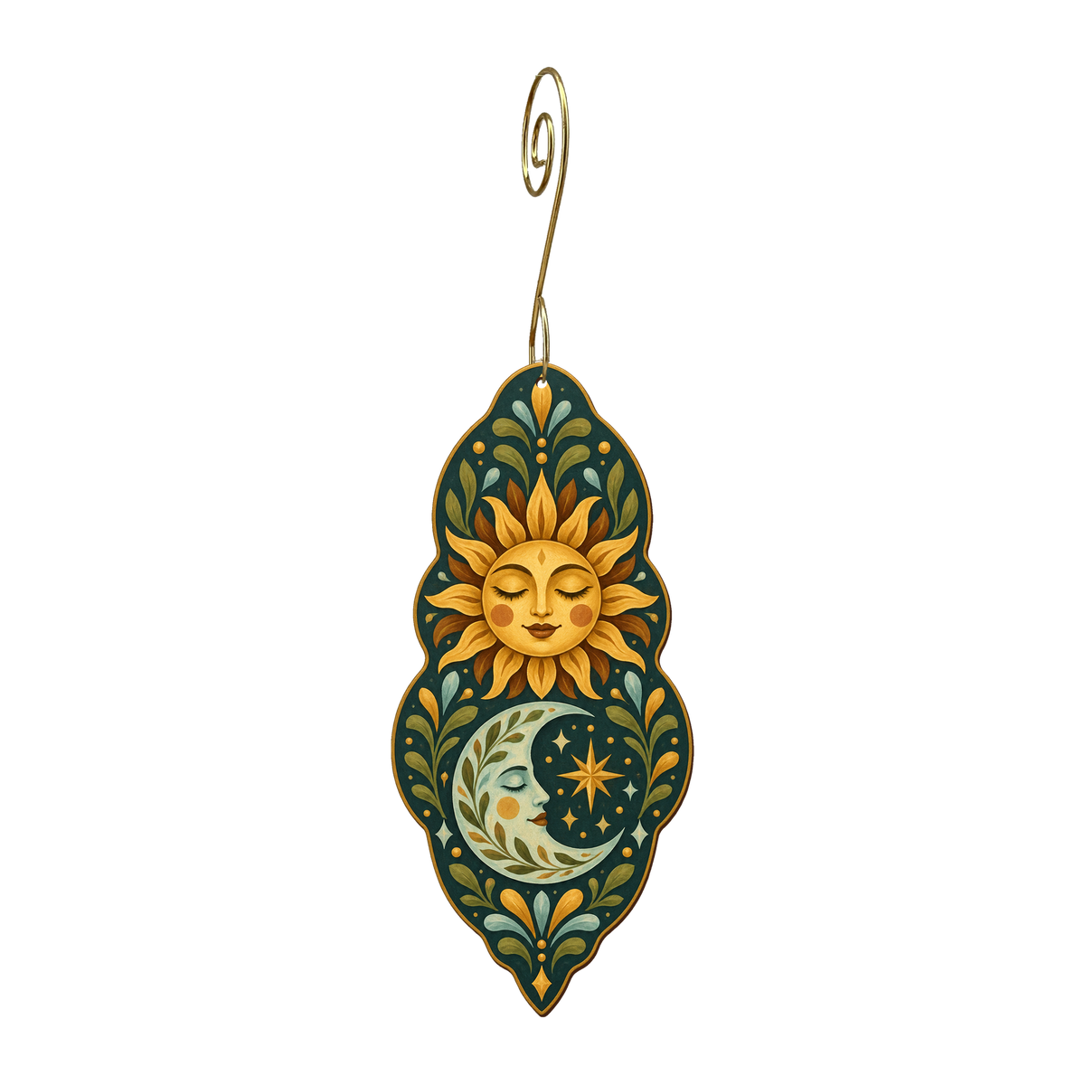 Sun and Moon wooden ornament O613 with gold spiral hook by Green Tree Jewelry