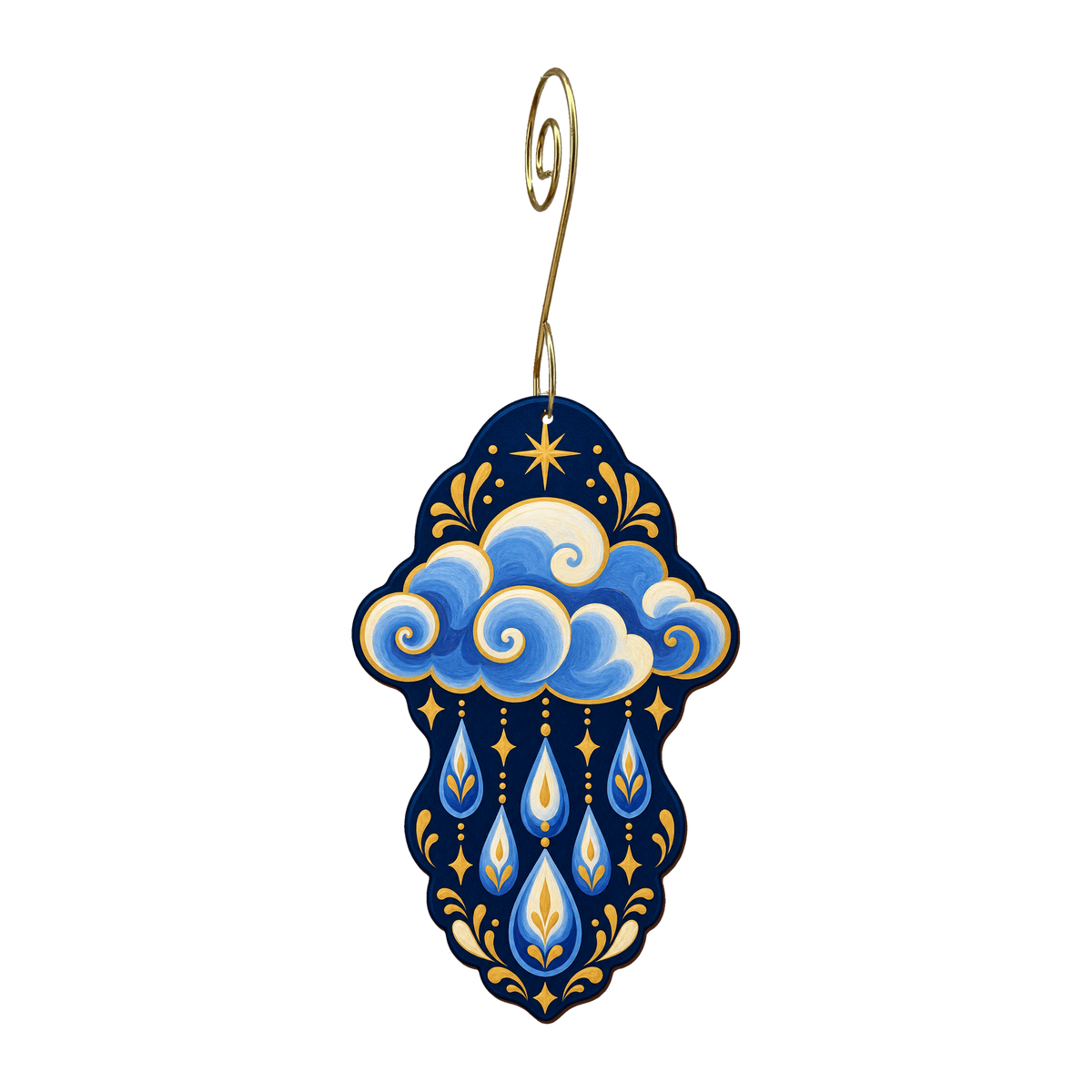 Rain Cloud wooden ornament O615 with gold spiral hook by Green Tree Jewelry