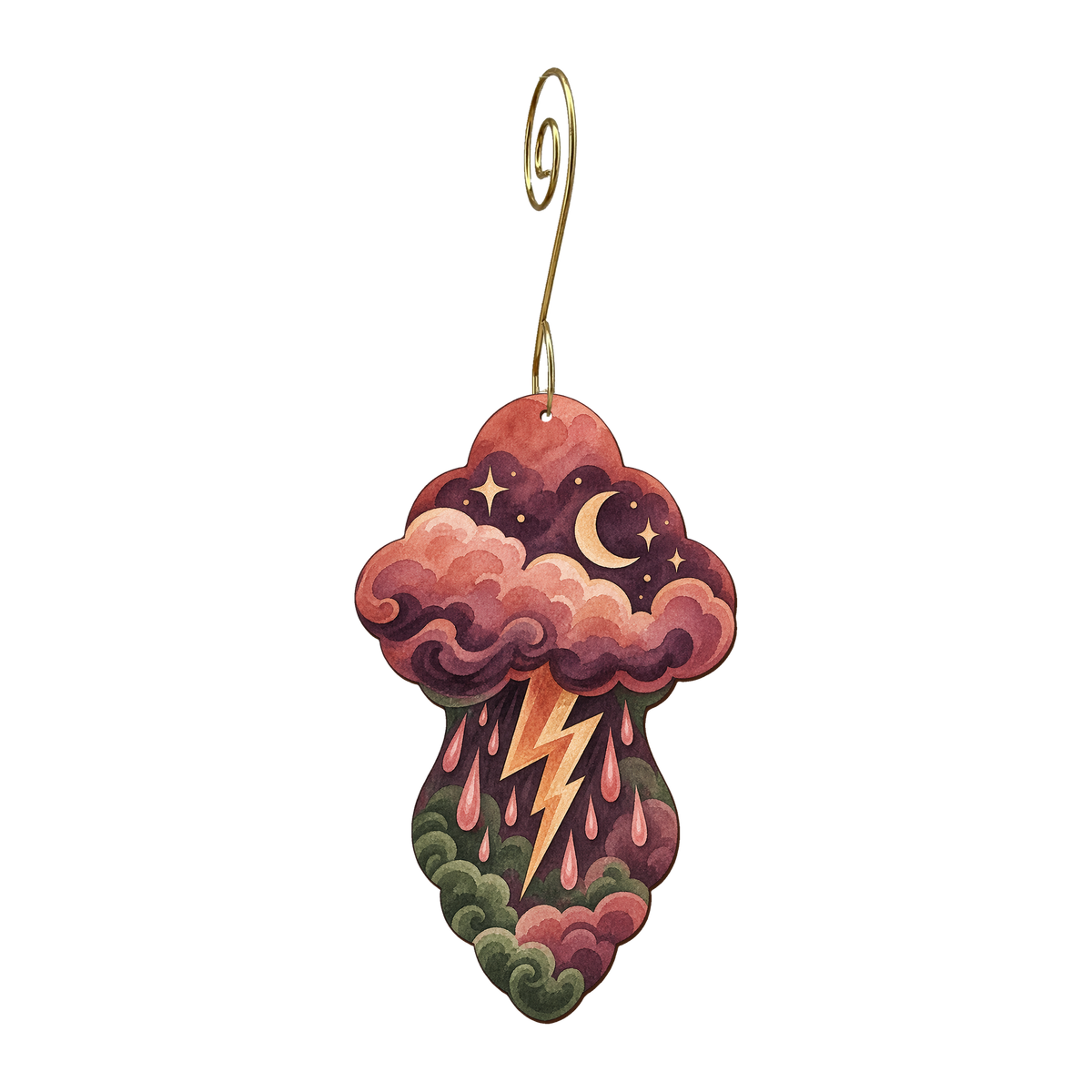 Thundercloud wooden ornament O616 with gold spiral hook by Green Tree Jewelry